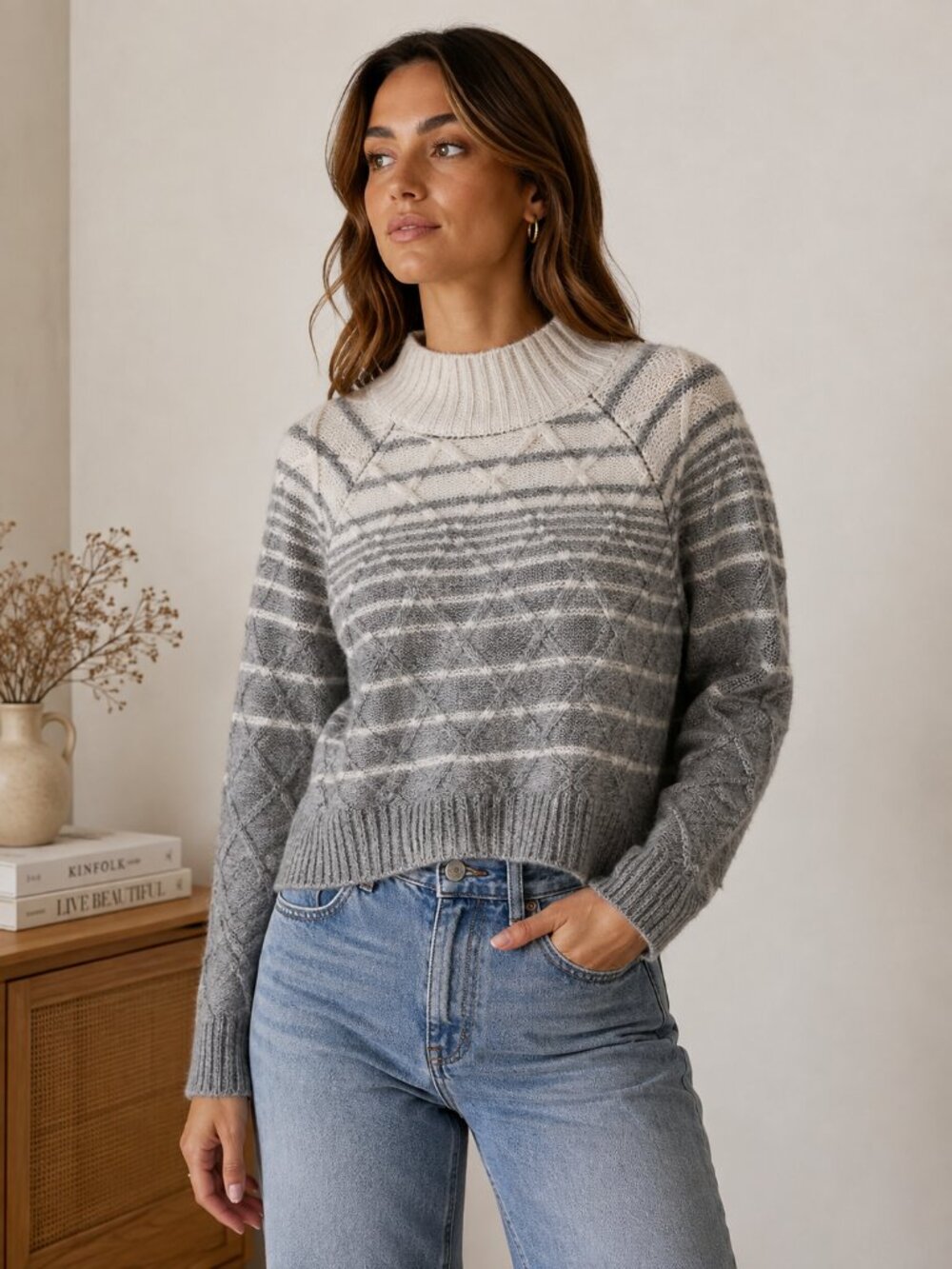 Evereve‎ Gray Cream Geometric Fair Isle Knit Sweater L ✨